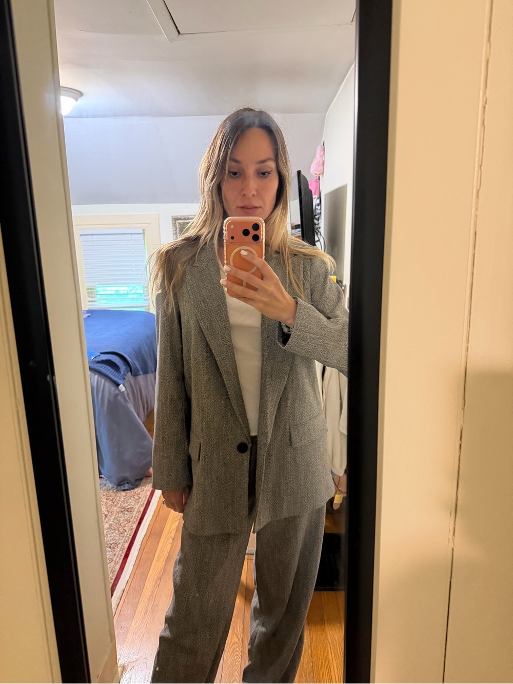 Gray Textured Two-Piece Blazer and Trousers Suit